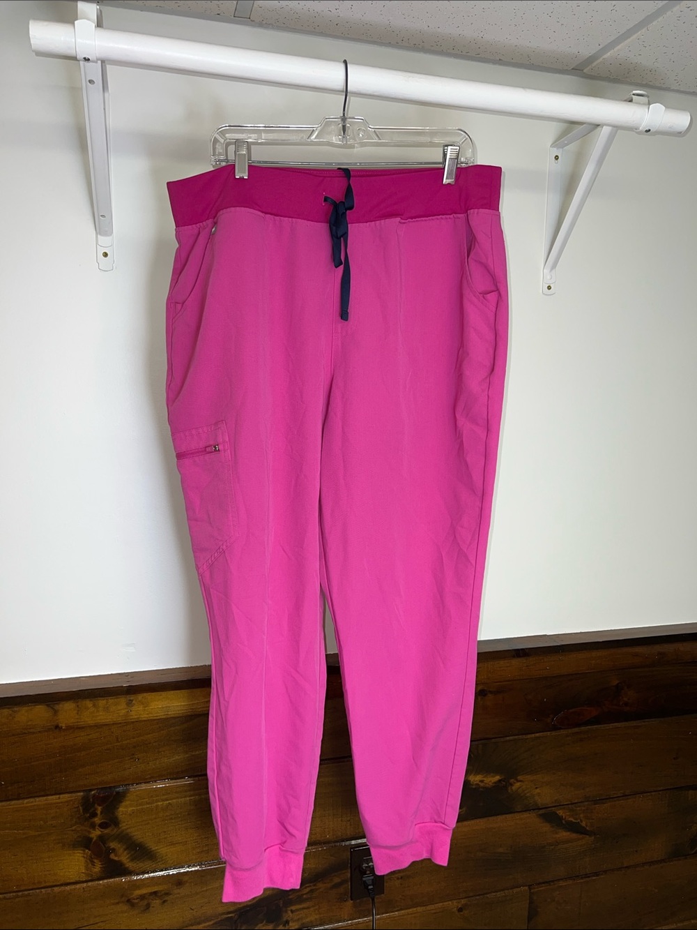 Figs Hot Pink Drawstring Scrub Pants Jogger Style with Navy Tie- XXL